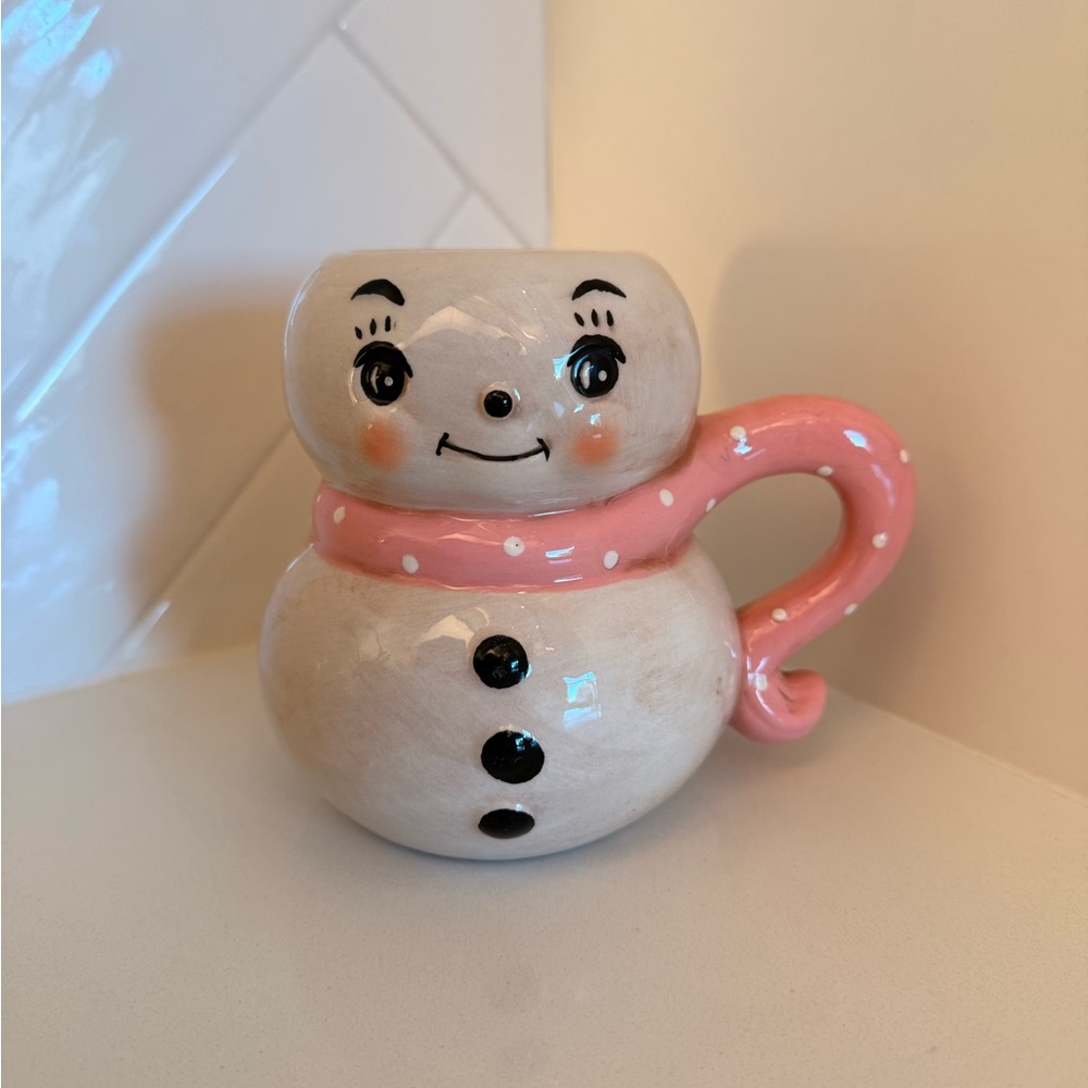 Ceramic Snowman Figurine with Pink Scarf
